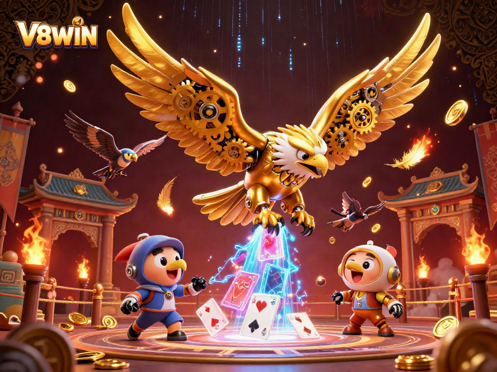 Experience the thrilling dive of the V8WIN eagle amidst shimmering holographic cards in this vibrant casino scene.