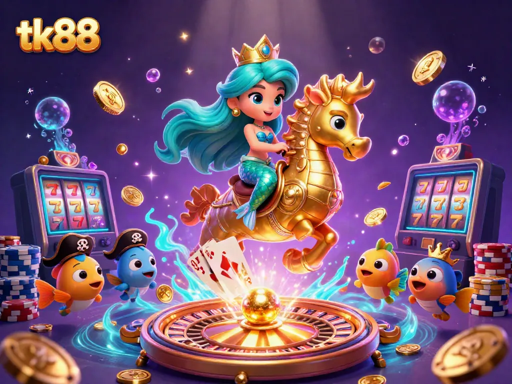 Experience the magic of tk88 with a whimsical casino underwater scene featuring colorful characters and vibrant game elements.