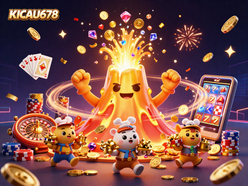 KICAU678 ignites excitement with a golden volcano erupting treasures in a vibrant casino scene.