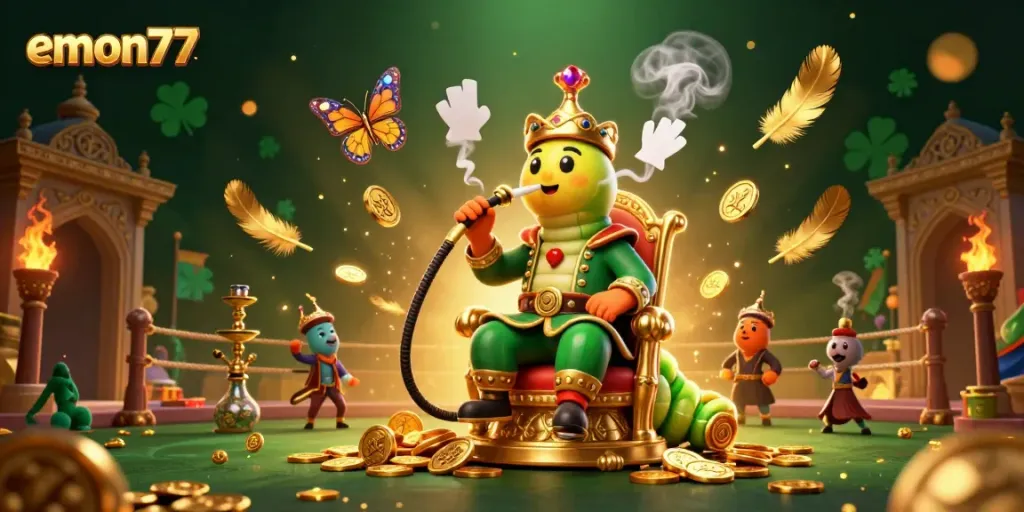Spin and win with emon77 in a vibrant 3D casino scene featuring a caterpillar hookah-master