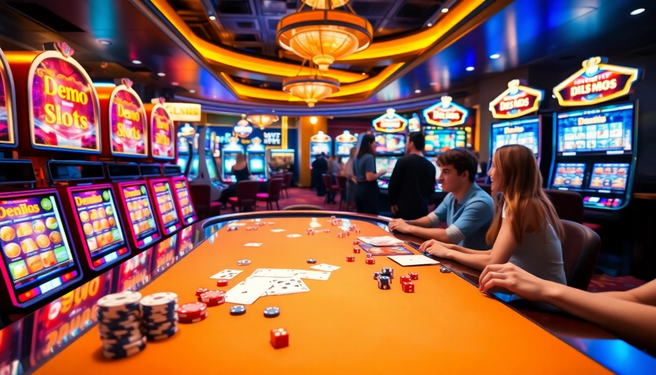 Experience thrilling demo slot gameplay in a vibrant casino atmosphere filled with excitement and luxury.
