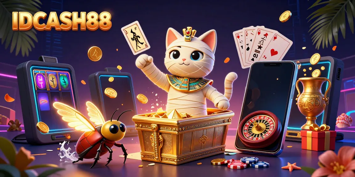 Experience the thrilling world of IDCASH88 with a vibrant Egyptian-themed casino scene featuring an animated mummy cat and slot game.