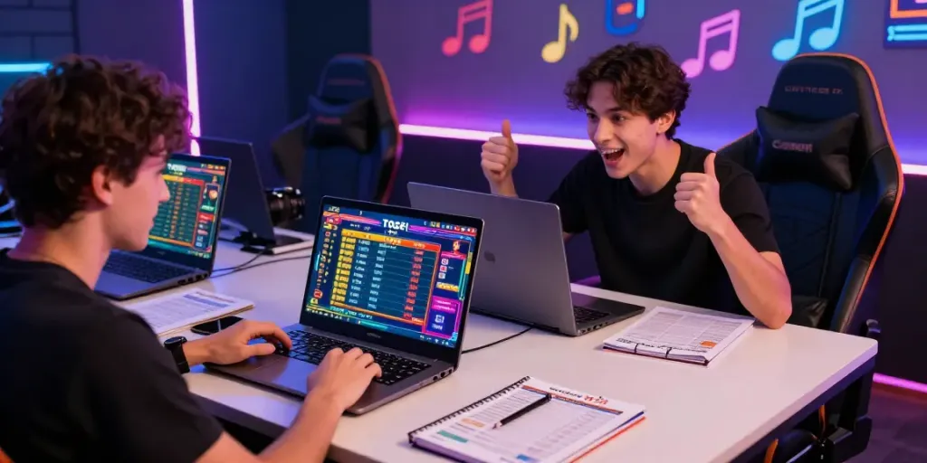 Aktivitas bermain togel online di laptop dengan suasana dinamis dan bersemangat, dewitogel sebagai fokus utama.
