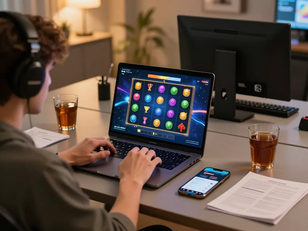 Pemain yang terlibat menikmati permainan slot spaceman di laptop pada pengaturan permainan modern, menggambarkan permainan yang bertanggung jawab.