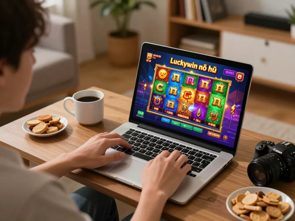 Engaging gameplay of Luckywin nổ hũ displayed on a laptop in a cozy home setting with snacks and a warm atmosphere.