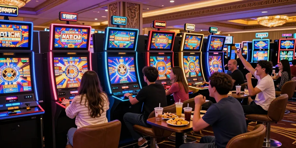 Exciting slot gaming experience in vibrant casino atmosphere filled with colorful machines and lively players.