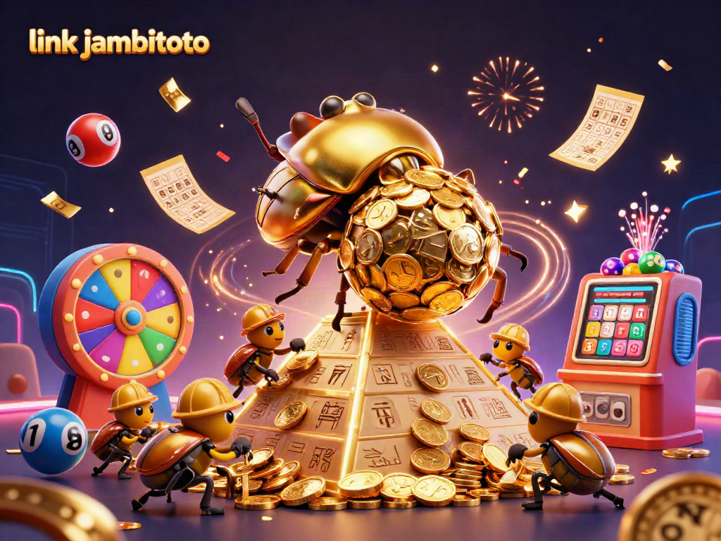 Engaging scene with a golden dung beetle and lottery elements representing link jambitoto.