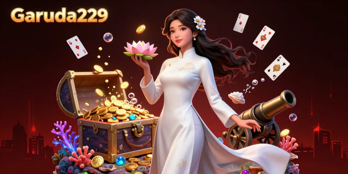 Engage with Garuda229's vibrant casino scene featuring a skilled player amidst dynamic gaming elements.