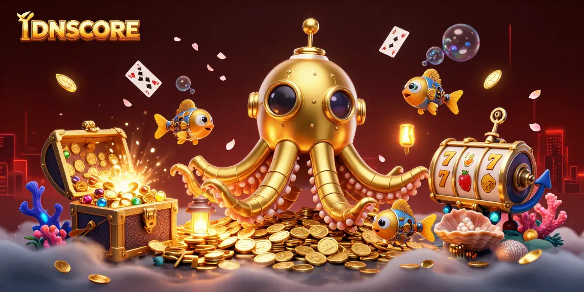 Experience thrilling gameplay with IDNSCORE amidst treasures and vibrant casino elements in a dynamic scene.