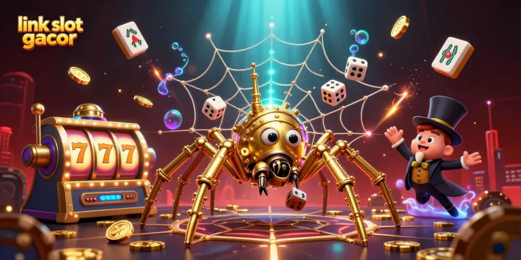 Menghadirkan link slot gacor, ilustrasi 3D menampilkan laba-laba steampunk yang membangun jaring emas dengan karakter unik.
