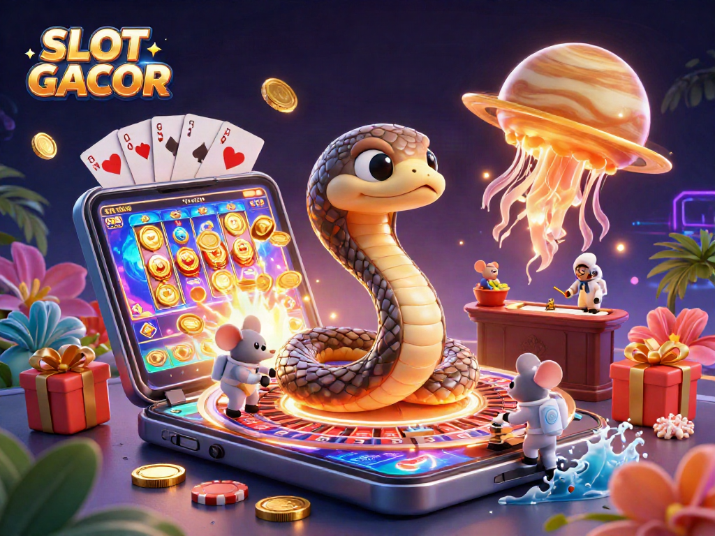 SLOT GACOR menampilkan ular Saturnus berputar sebagai roda roulette, dengan karakter menghabiskan proses perjudian yang dinamis.