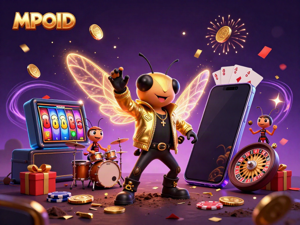 MPOID engages players with 3D cartoon characters in a vibrant casino-themed illustration filled with games and excitement.