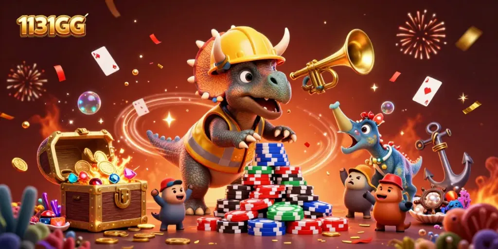 Permainan 1131GG live dengan triceratops membangun tumpukan chip poker di latar yang megah.