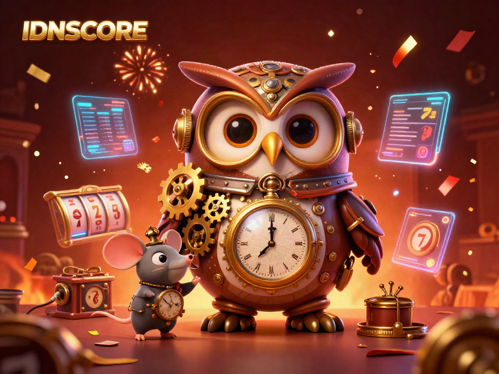 Experience the excitement of IDNSCORE in this dynamic casino-themed 3D illustration featuring a time-traveling owl and vibrant game elements.