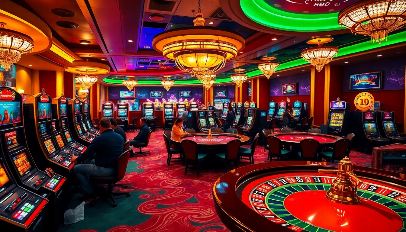 Experience the thrill of gaming at berlian 888, where players engage at slot machines and poker tables in a vibrant casino environment.