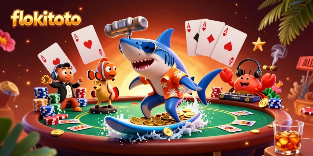 Engage with flokitoto’s exciting gaming world featuring a cartoon shark surfing gold coins.