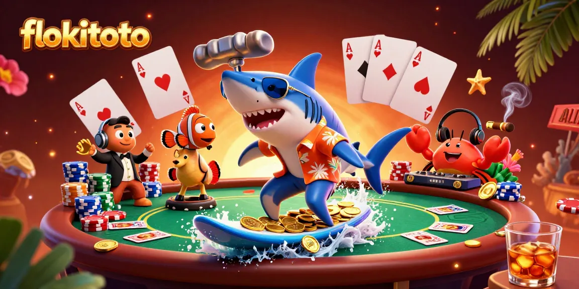 Engage with flokitoto’s exciting gaming world featuring a cartoon shark surfing gold coins.