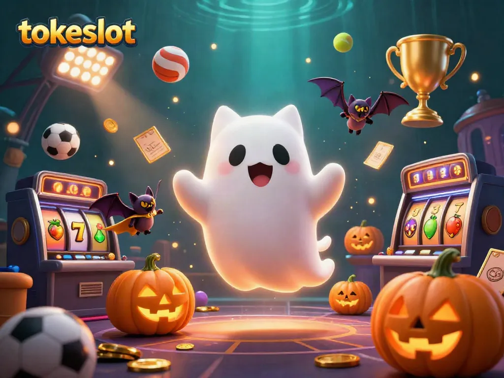 Engage with TokeSlot as a friendly ghost cat haunts a haunted casino with dynamic game elements.