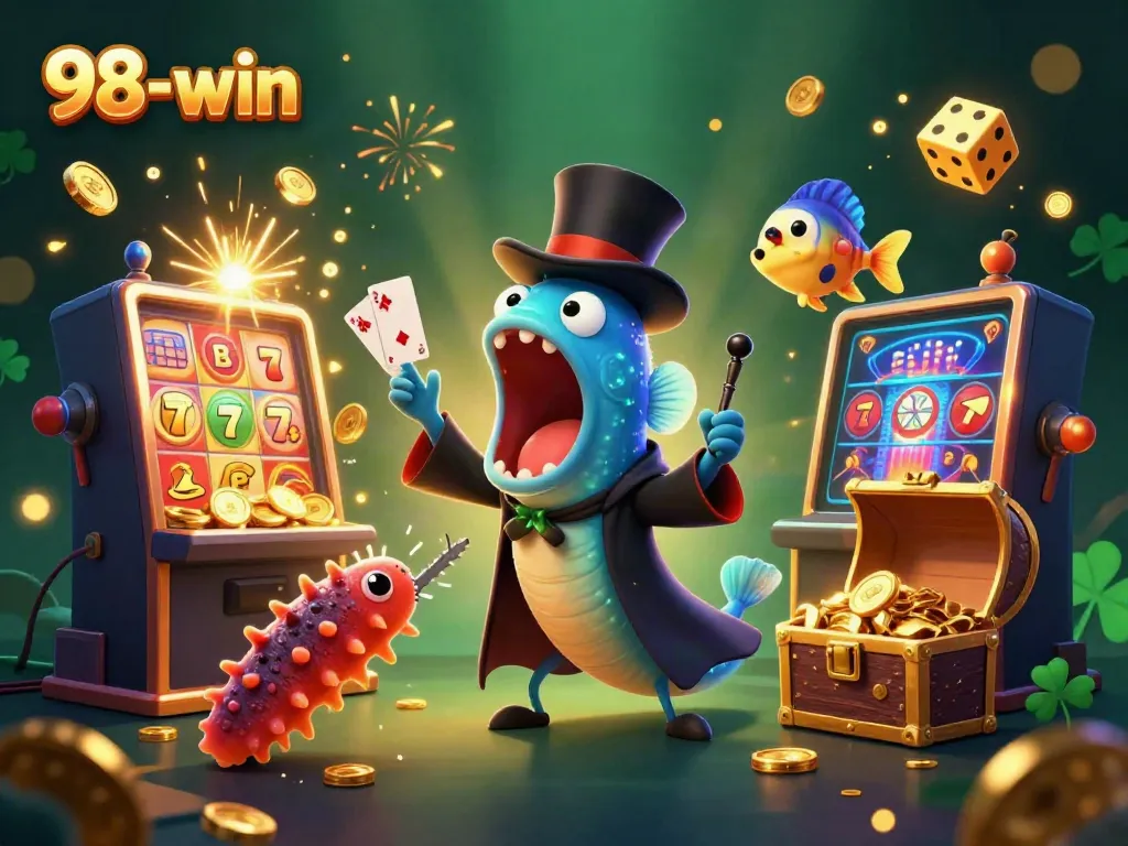 Experience the thrill of 98-win with a vivid illustration showcasing a bioluminescent eel performing magical tricks amid casino excitement.
