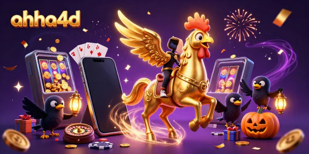 Ikon ahha4d menampilkan karakter ayam emas dan kuda spectral dalam kasino malam yang meriah.