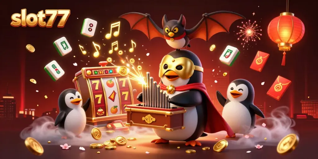 Slot77 memukau dalam suasana permainan kasino dengan karakter unik.