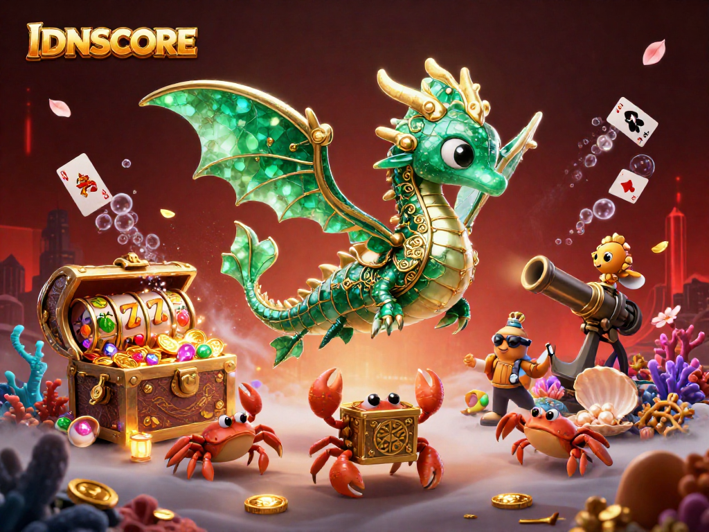 IDNSCORE promotes immersive slot gaming with a majestic sea dragon and treasure at a vibrant casino scene.
