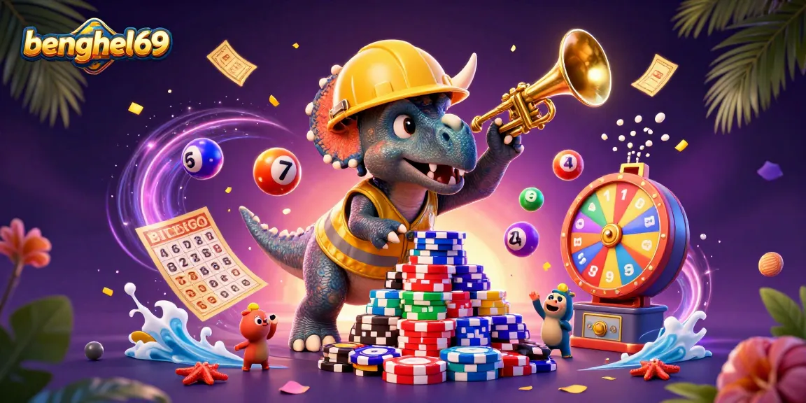 bengkel69 engages players with a vibrant celebration including poker chips, colorful lottery balls, and festive confetti.