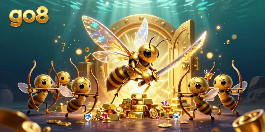 Engage with a dynamic golden hornet samurai in a vibrant casino treasure scene featuring go8 elements.