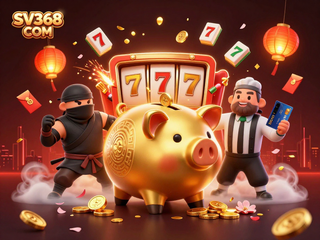 Experience thrilling action with SV368 COM featuring a golden piggy bank sumo wrestler surrounded by dynamic casino elements.