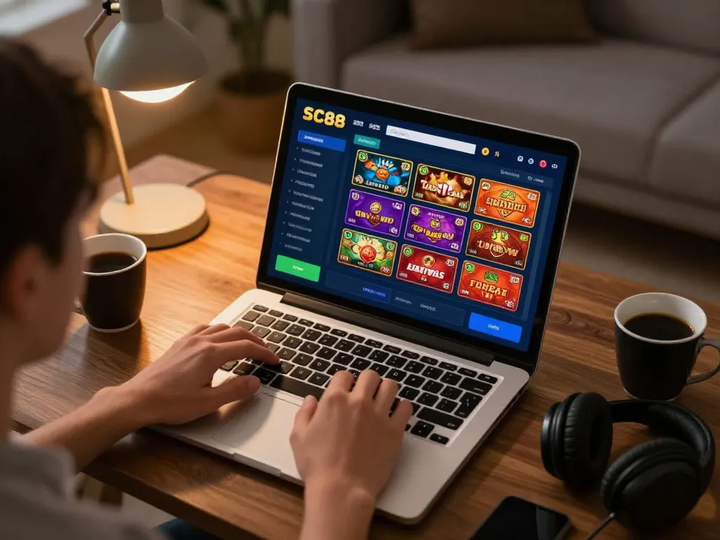Player enjoying SC88 online gaming experience on laptop in cozy living room