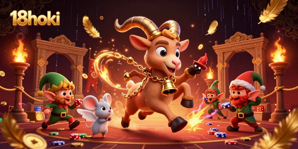 Experience thrilling gameplay at 18hoki with festive characters engaging in a lively casino scene.