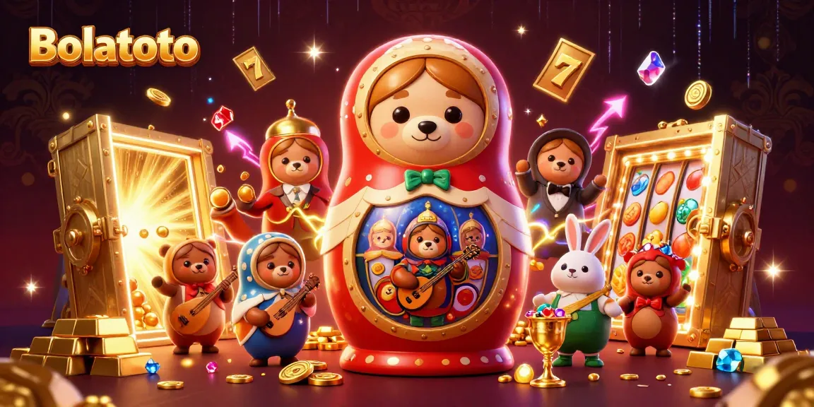 Experience Bolatoto's colorful casino action with slot reels and playful characters in a vibrant scene.