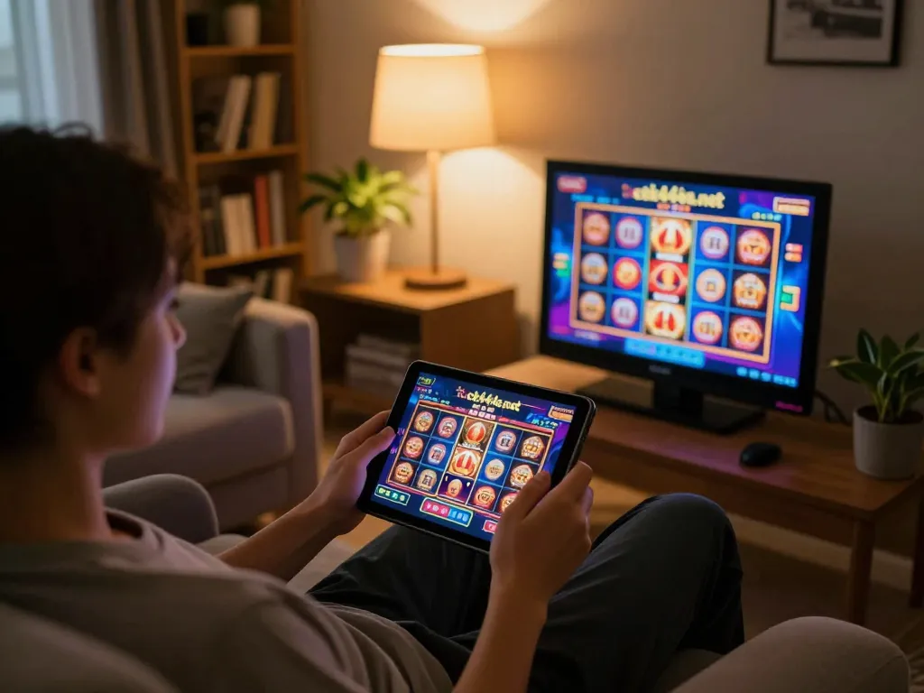 Person engaging with casino games on https://ck444s.net/ using a tablet in a cozy home setup.