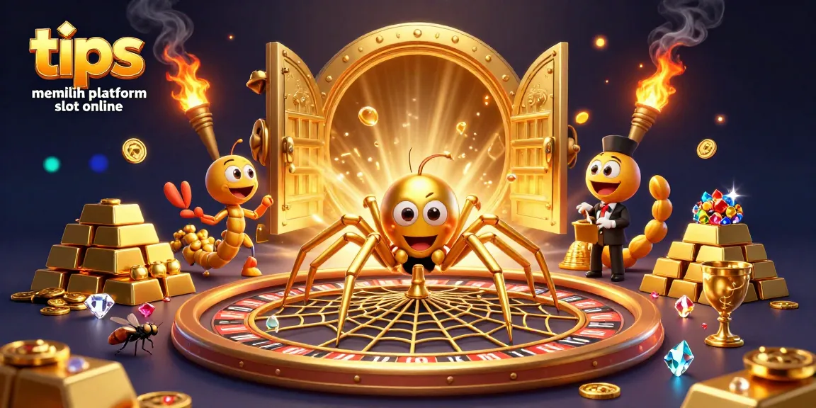 Engage with tips memilih platform slot online illustrated in a vivid 3D casino scene with gold and gems.
