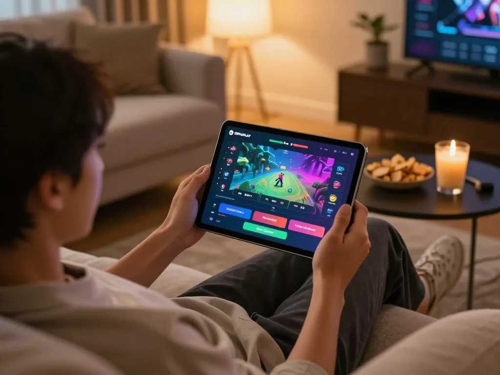 Platform permainan terbaik sepuhplay ditampilkan dalam suasana permainan rumah yang mengundang dengan seorang pemain yang terlibat di tablet.