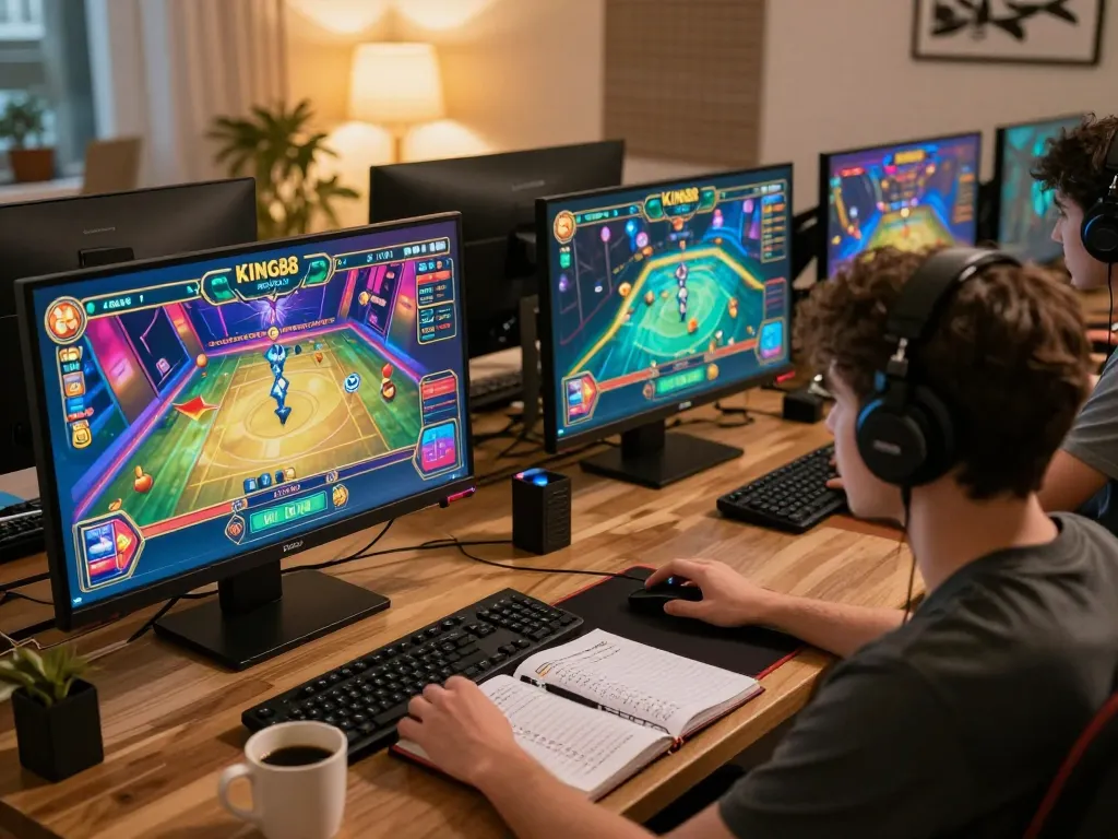 Engaging with King88 online games in a cozy home office setup for strategic gaming.