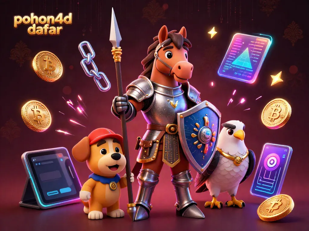Engage in thrill with pohon4d daftar showcasing a casino knight, a puppy squire, and a falcon among crypto elements.