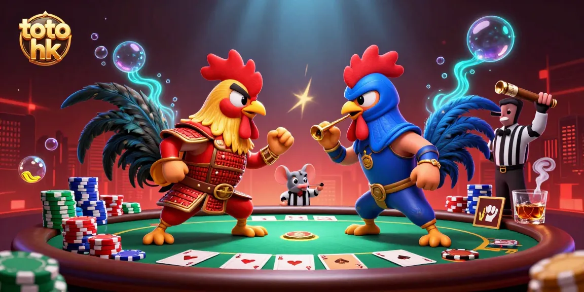 Permainan toto hk menampilkan ayam laga bertarung di meja poker dengan banyak chip