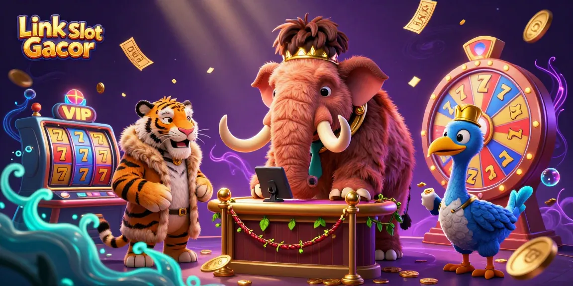 Experience the thrill with Link Slot Gacor as vibrant slot reels and golden tickets create a dynamic casino atmosphere.