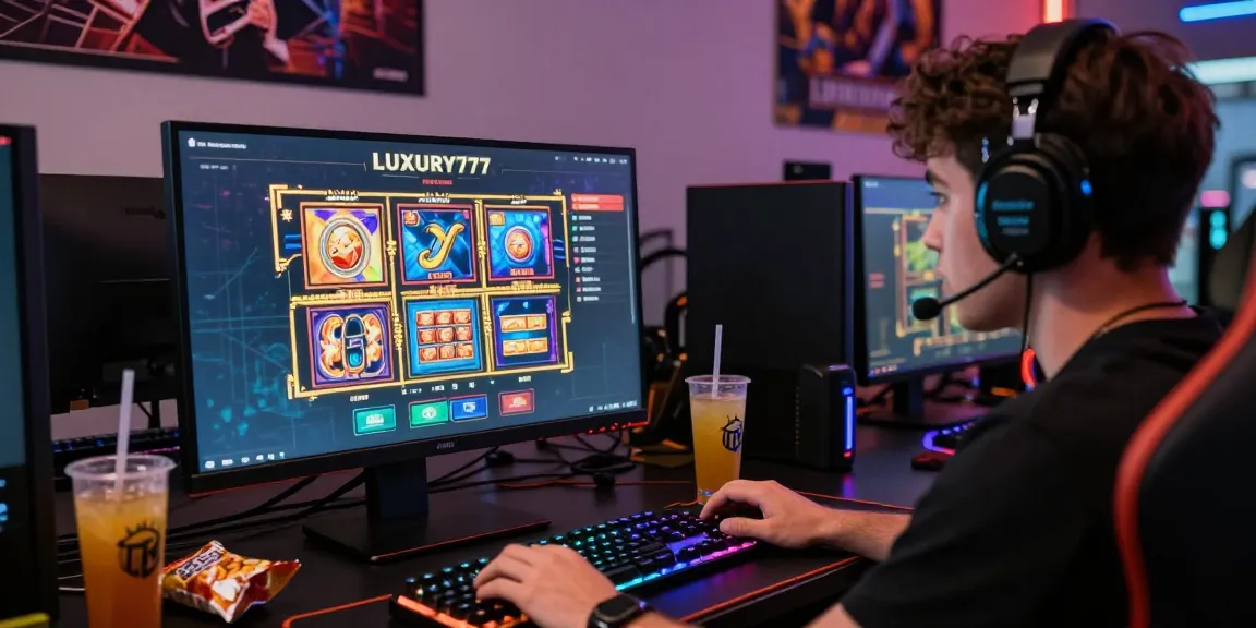 LUXURY777 Online: Pemain game online asyik menggunakan platform sambil minum dan menikmati camilan.