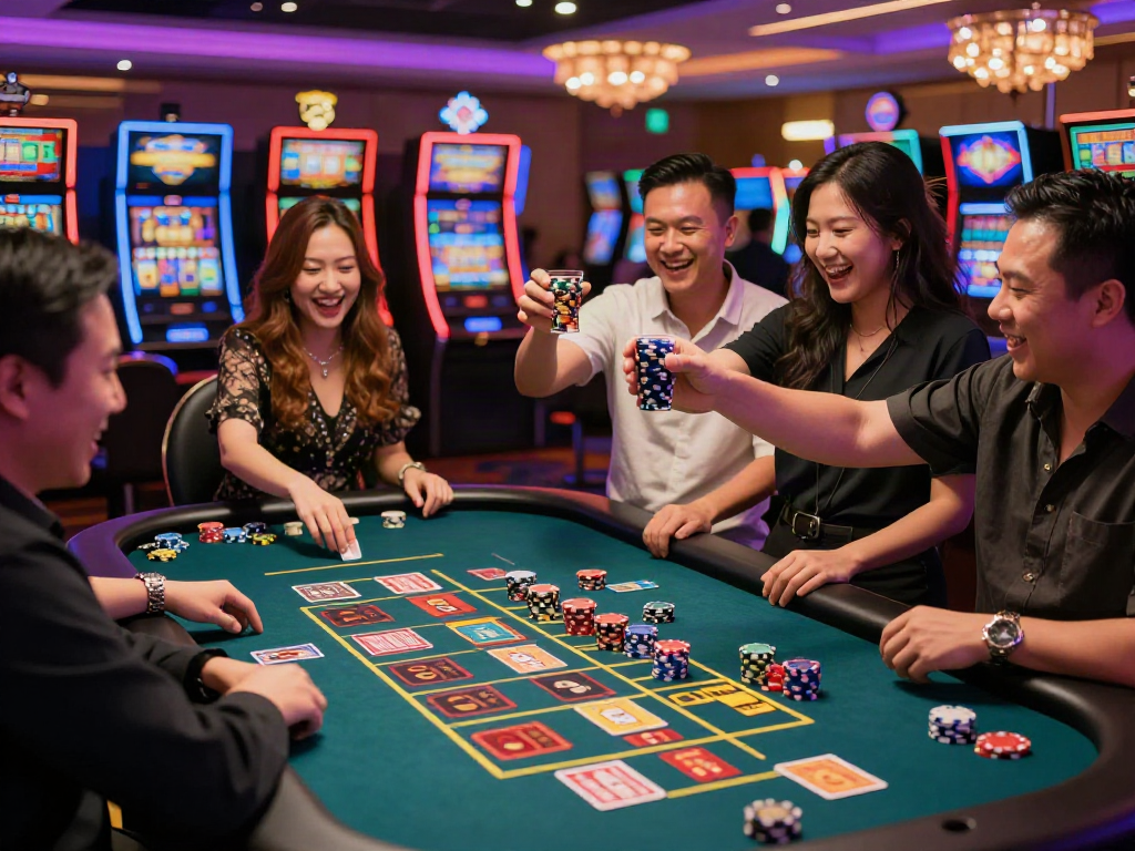 Permainan togel online di kasino, pemain merayakan kemenangan besar dengan suasana ramai.