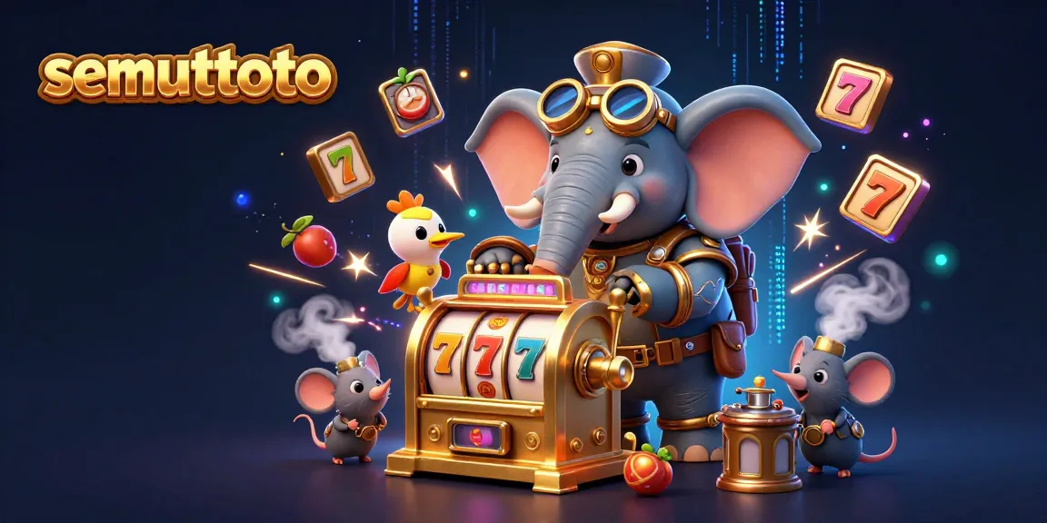 Permainan slot semuttoto dengan gajah steampunk, simbol buah, dan efek cahaya dinamis.
