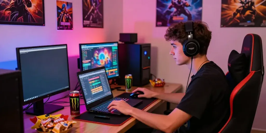 Gamer bermain slot harumslot dengan suasana ceria di ruangan yang ramai.