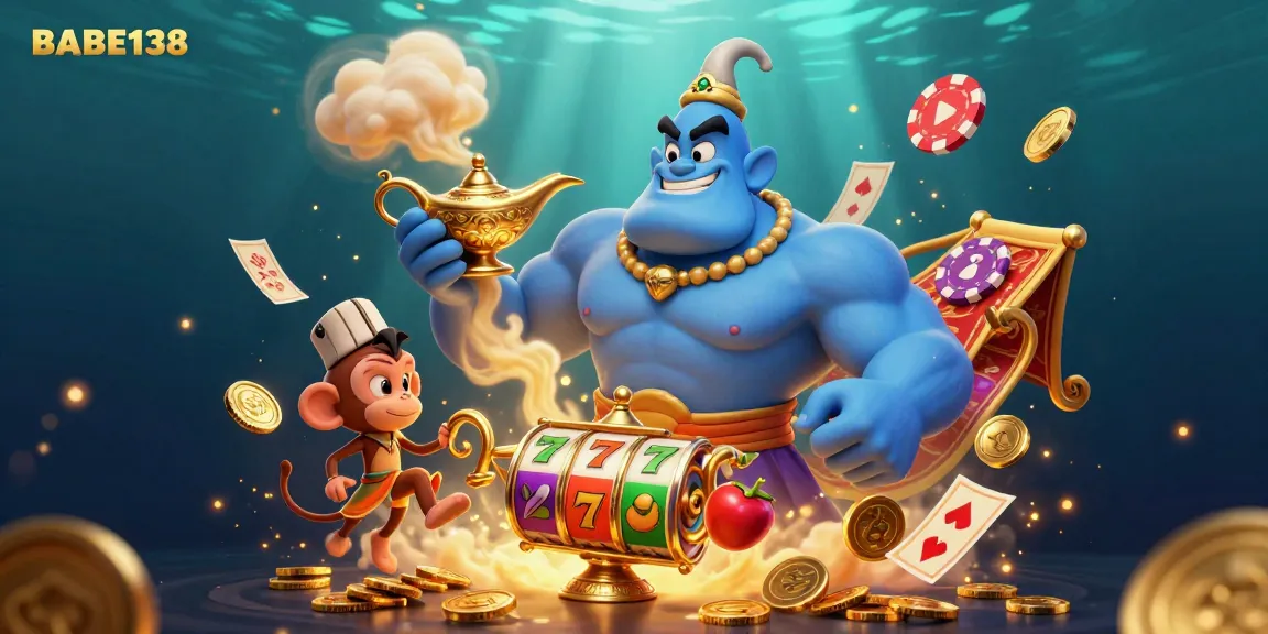 Slot Naga Bonar Hitam BABE138 dengan lampu jin dan simbol permainan di sekelilingnya.