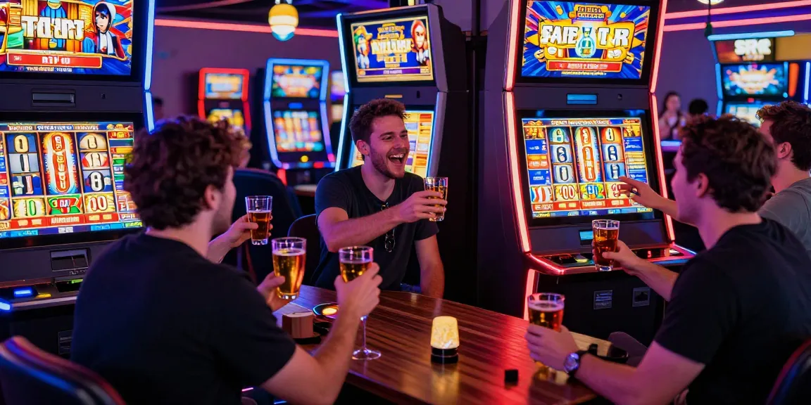 Pengunjung menikmati permainan slot di lounge gaming dengan informasi RTP terbaru dan suasana yang meriah.