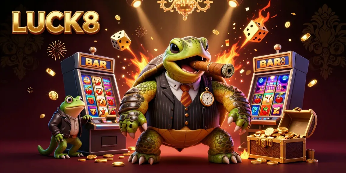 Experience the excitement of LUCK8 with a cartoon turtle mobster amidst jackpot symbols and glimmering gold.