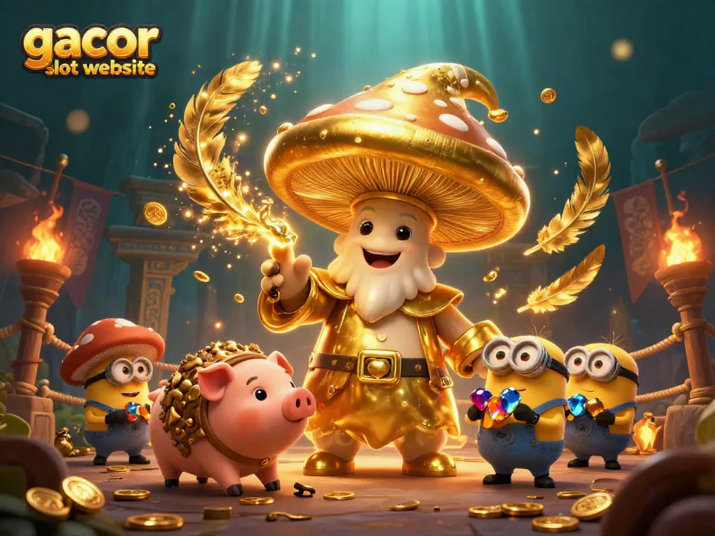 Focus on the gacor slot website with a golden mushroom wizard, gold coins, and dynamic casino elements.