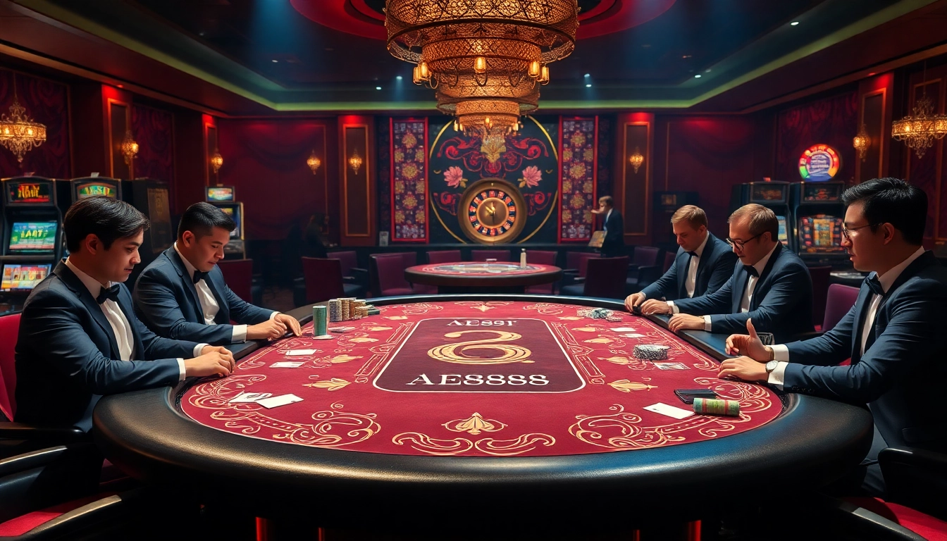 Experience high-stakes at AE888's luxurious casino table featuring vibrant poker chips and cards.