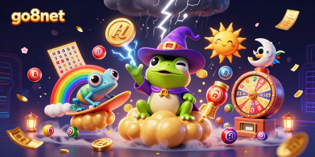 Witness the magic of go8net with a whimsical scene of a frog wizard conjuring riches amidst vibrant lottery elements.