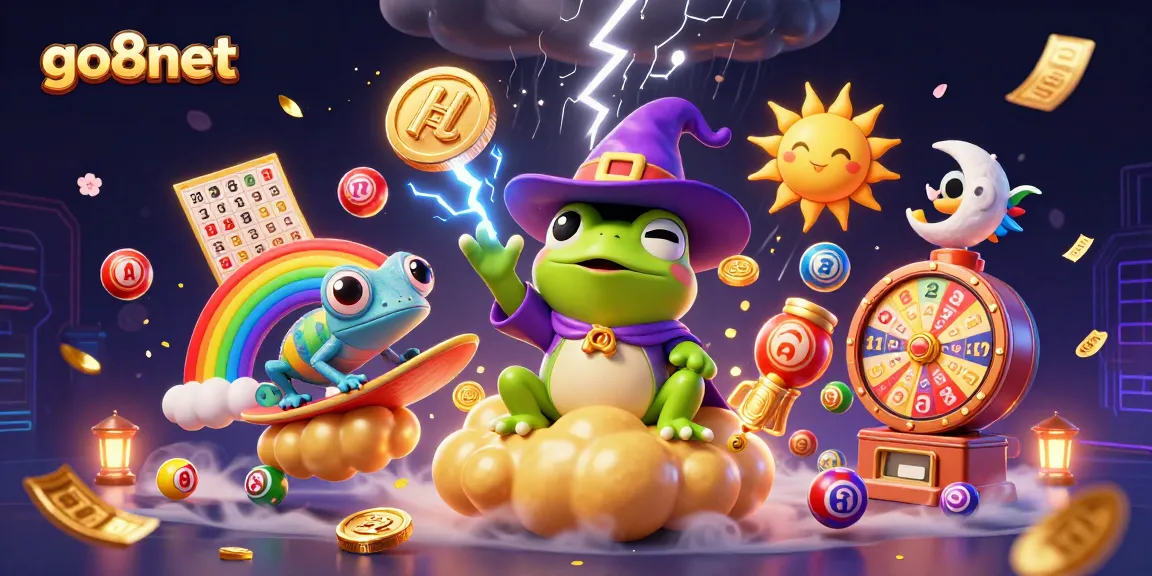 Witness the magic of go8net with a whimsical scene of a frog wizard conjuring riches amidst vibrant lottery elements.